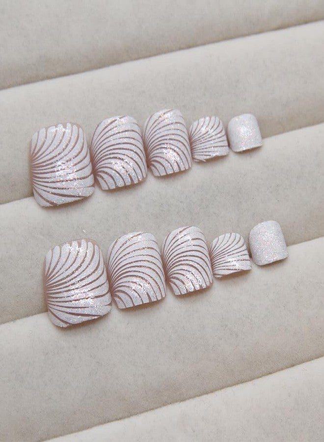 TOGZOM White Press on Toe Nails Short Square Fake Toenails Beach Sea Shell False Nails Summer Acrylic Toenails Shiny Glitter Line Artificial Toe Nails for Women Girls Manicure Nails Decoration 24Pcs - Image 3